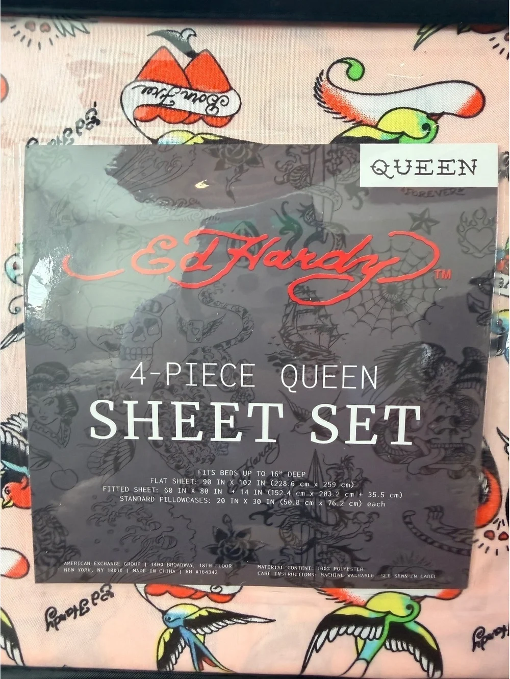Ed Hardy 4-Piece Queen Sheet Set Pink Tattoo Print